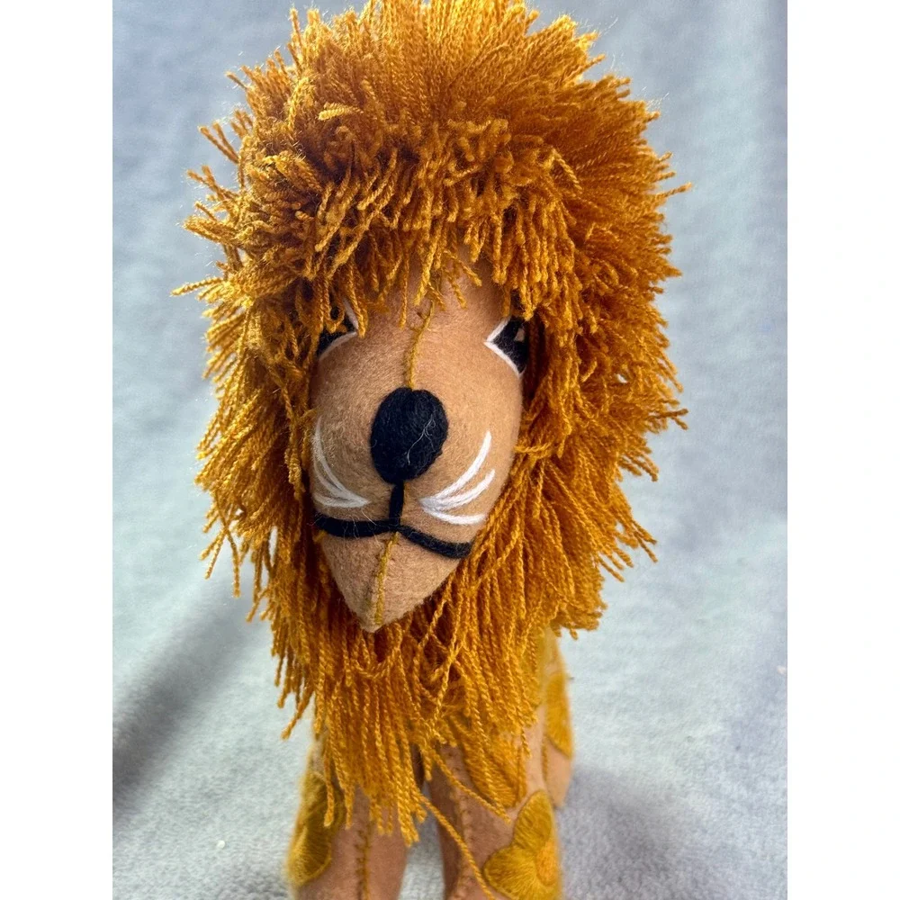 Vintage Handmade Felt Lion Plush Stuffed Animal Floral Embroidery Shaggy Mane